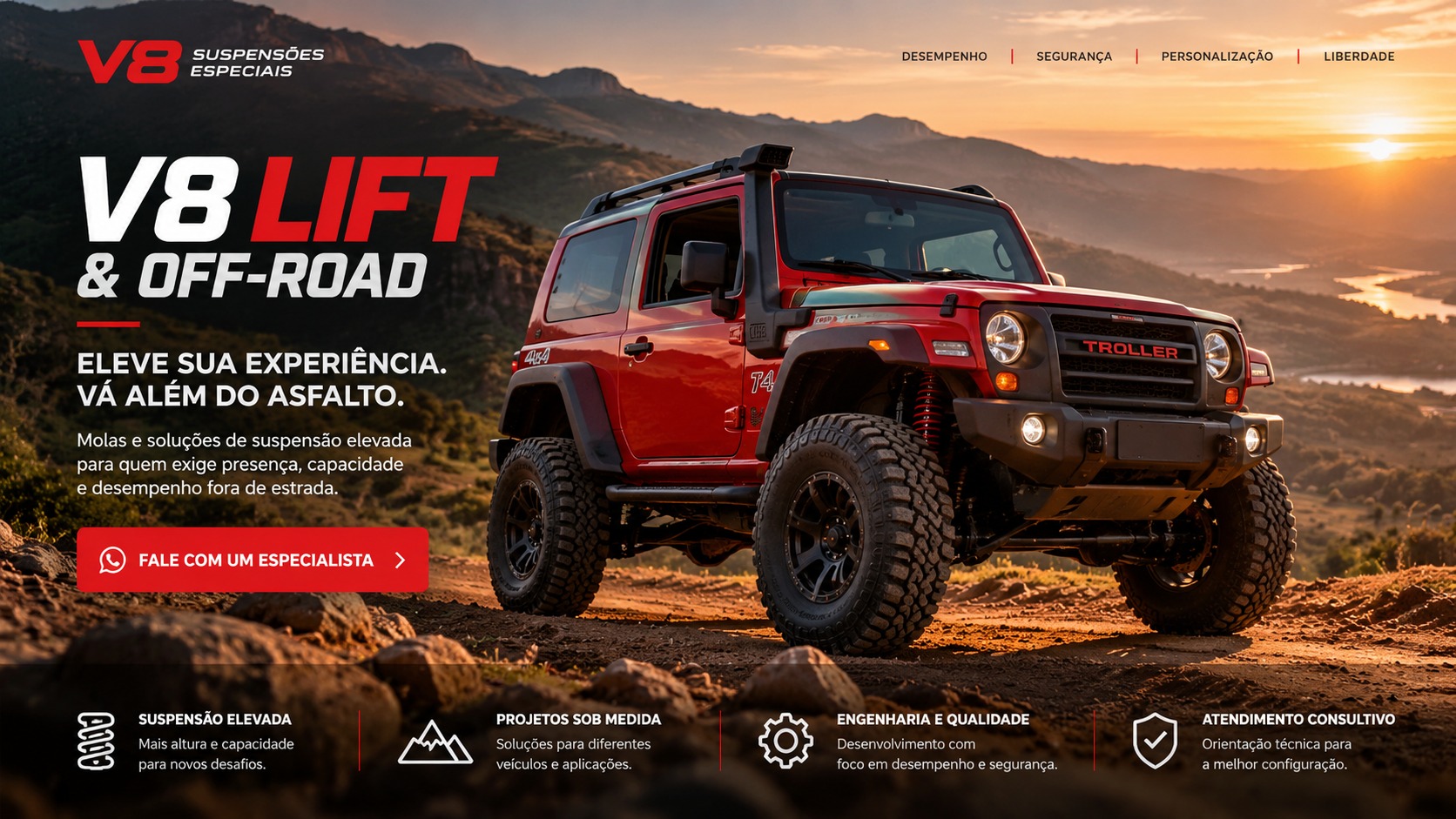 V8 Lift Off-Road: Troller elevado em estrada de terra seca