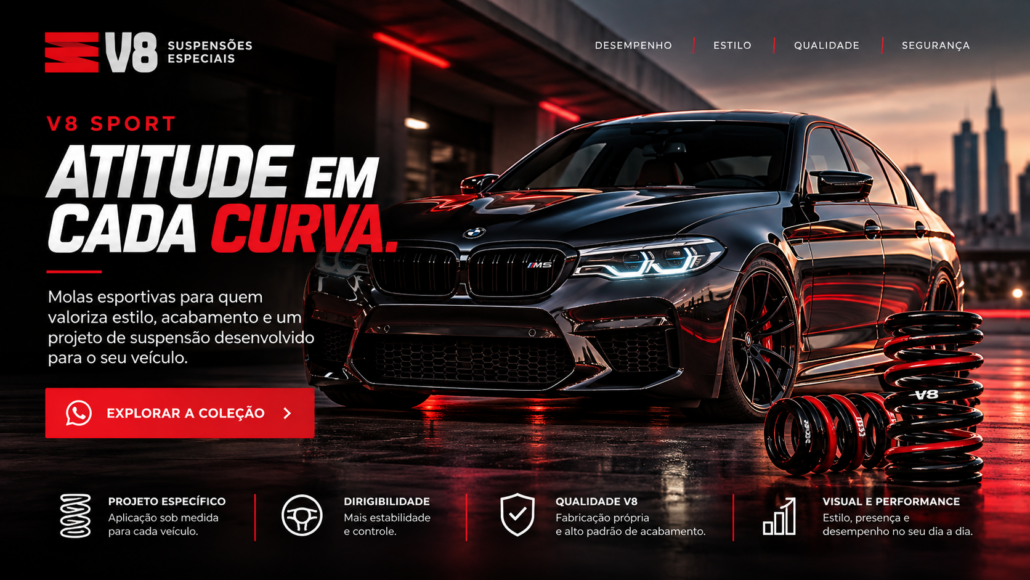 V8 Sport: BMW M5 em cenário premium com molas esportivas V8